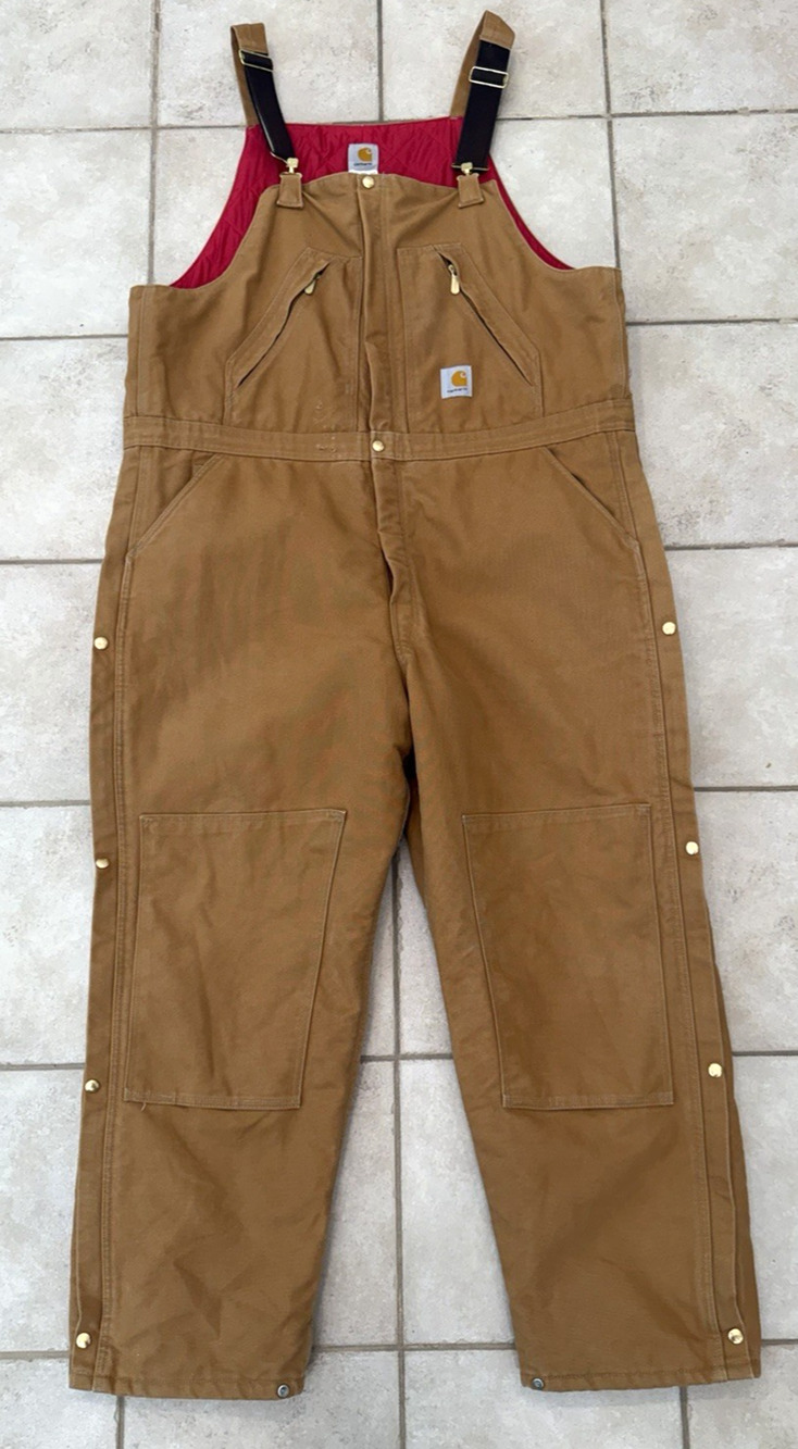 Carhartt Insulated Duck Bib Overalls Mens 46x30 Brown Double Knee USA R38 BRN